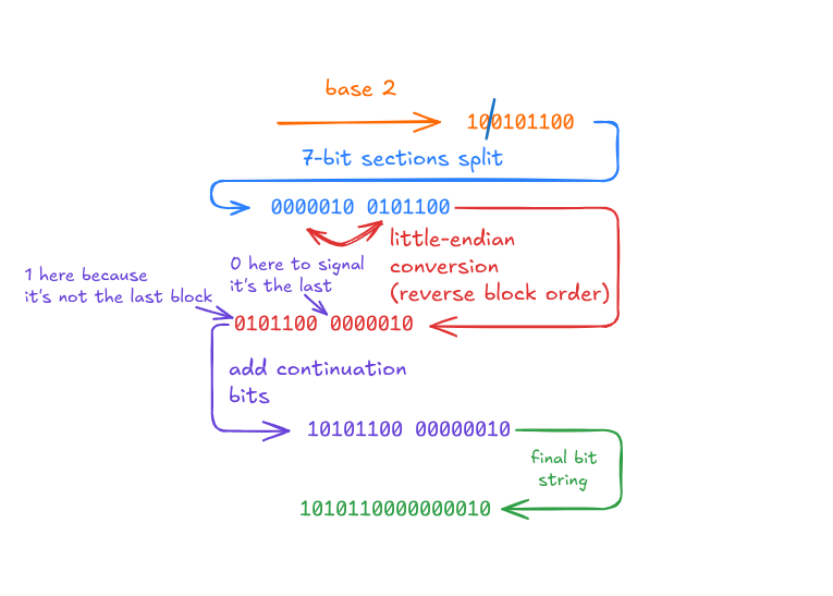 Varint encoding visualization showing how 300 is encoded as 0xAC 0x02 with base-2 conversion, 7-bit sections split, little-endian conversion, and continuation bits